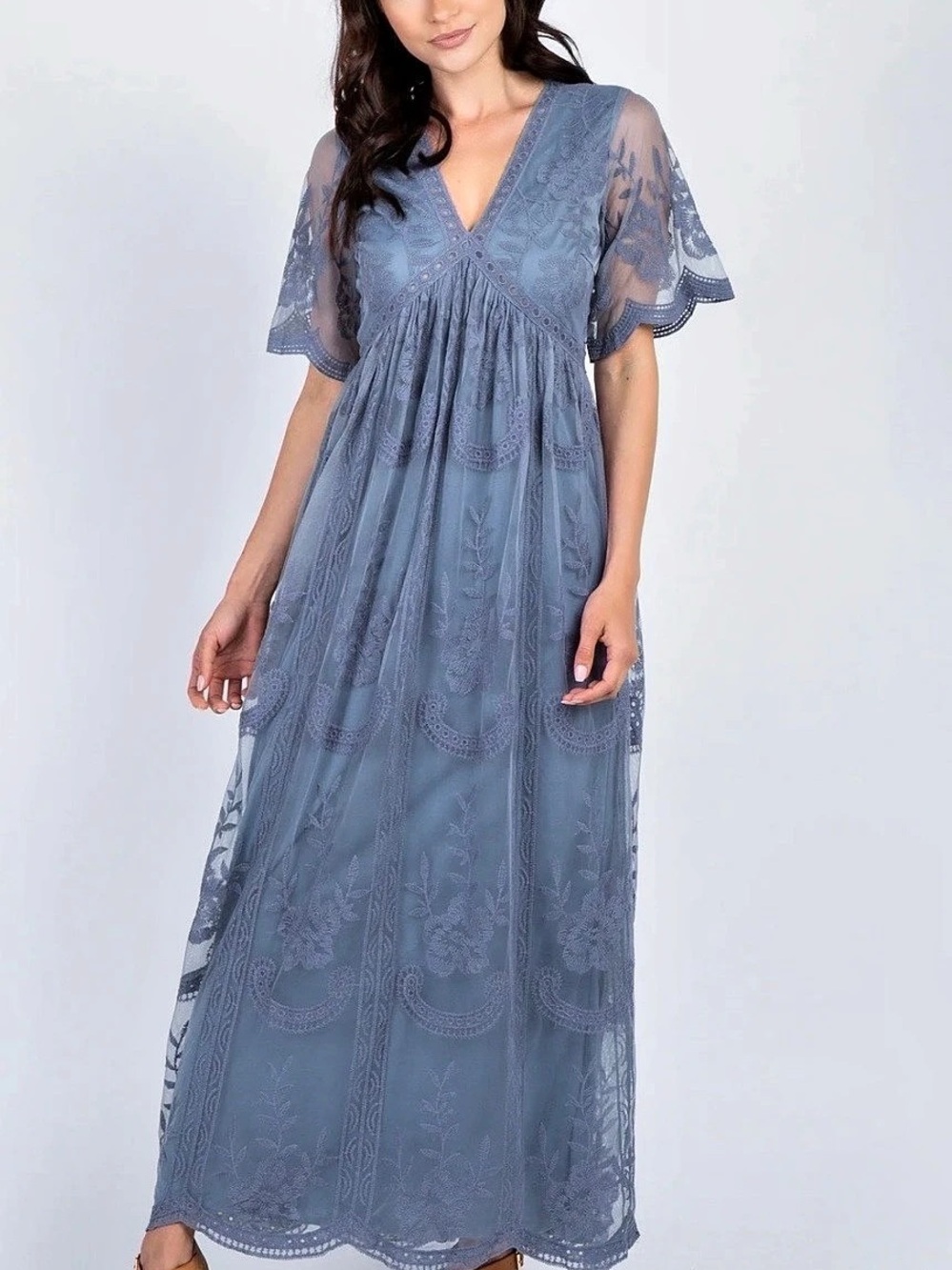 NWT - PinkBlush Blue Lace Mesh Overlay Maxi Dress - L